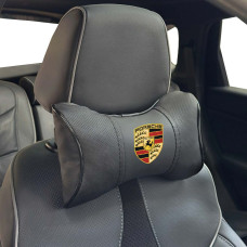 Подушка на подголовник с логотипом Porsche Экокожа 3D Цветной лого Черная-Черный кант 1 шт