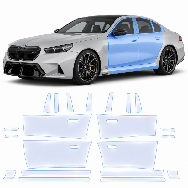 Антигравийная защитная бронепленка по лекалам для BMW M5 G90 2024- зоны дверей и стойки окон