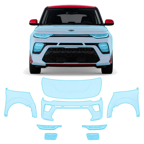 Антигравийная защитная бронепленка по лекалам для Kia Soul SK3 2019-2025 - передняя часть авто (капот бампер фары крылья)