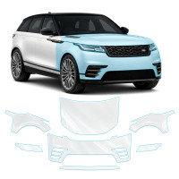 Антигравийная защитная бронепленка по лекалам для Land Rover Range Rover Velar L560 2017-2020 - передняя часть авто (капот бампер фары крылья)