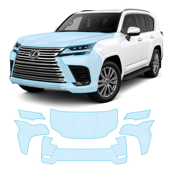 Антигравийная защитная бронепленка по лекалам для Lexus LX J300 2021- передняя часть авто (капот бампер фары крылья)