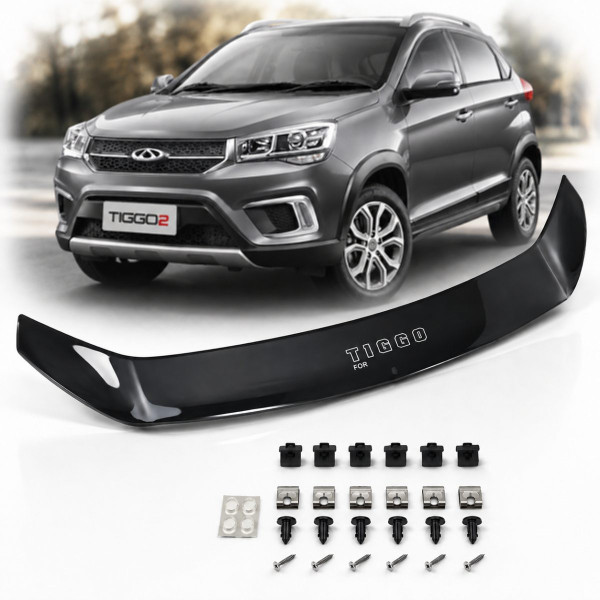 Дефлектор капота мухобойка Chery Tiggo 2 2017- Евро S Крепление (Vip Tuning) CR20S