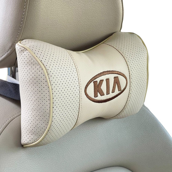Подушка на подголовник с логотипом Kia экокожа Бежевая 1 шт