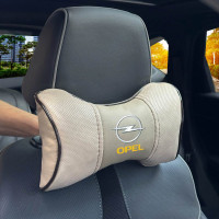 Подушка на подголовник с логотипом Opel Экокожа 3D Цветной лого Бежевая-Коричневый кант 1 шт
