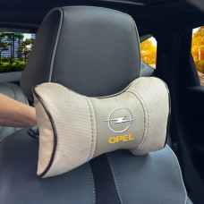 Подушка на підголівник з логотипом Opel Екошкіра 3D Кольоровий лого Бежева-Коричневий кант 1 шт