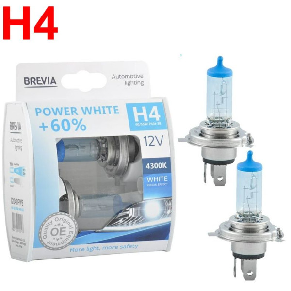 Автолампа галогенная Brevia Power White + 60% H4 12V 60/55W 4300K 2 шт (12040PWS)