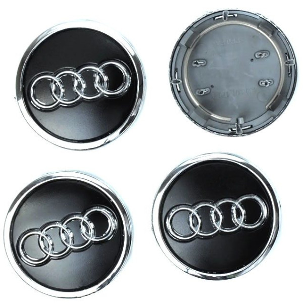 Колпачки на литые диски для Audi 69 х 57 мм объемный логотип с кольцом Черные 4 шт