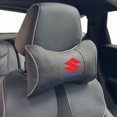 Подушка на підголівник з логотипом Suzuki Екошкіра 3D Кольоровий лого Чорна-Сірий кант 1 шт