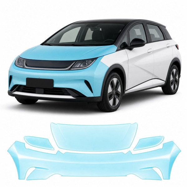 Антигравийная защитная бронепленка по лекалам для BYD Dolphin I 2021-2024 - передняя часть авто (капот бампер фары крылья)