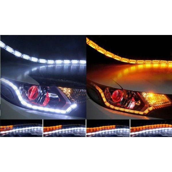 Дневные ходовые огни ДХО гибкие 12v / 60 см / с бегущим поворотом / 16 Кристалов / Белые 2 шт