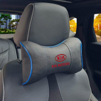 Подушка на подголовник с логотипом Kia Экокожа 3D Цветной лого Черная-Синий кант 1 шт