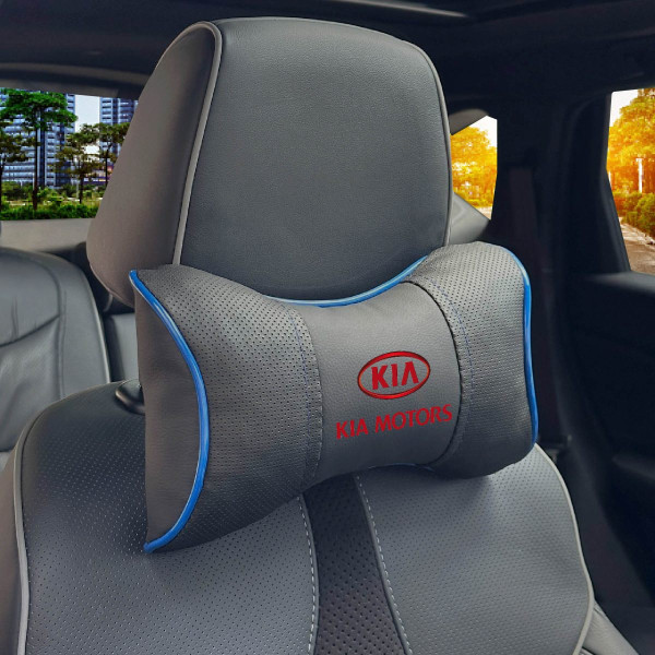 Подушка на підголівник з логотипом Kia Екошкіра 3D Кольоровий лого Чорна-Синій кант 1 шт