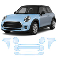 Антигравийная защитная бронепленка по лекалам для Mini Cooper F56 facelift 2018-2021 - передняя часть авто (капот бампер фары крылья)