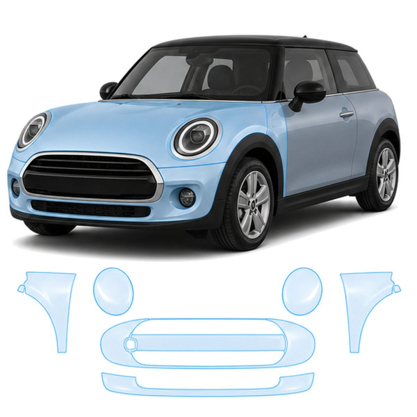 Антигравийная защитная бронепленка по лекалам для Mini Cooper F56 facelift 2018-2021 - передняя часть авто (капот бампер фары крылья)