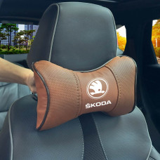 Подушка на підголовник з логотипом Skoda Екошкіра 3D Кольоровий лого Коричневий-Коричневий кант 1 шт