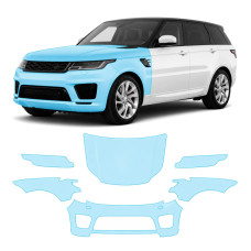 Антигравийная защитная бронепленка по лекалам для Land Rover Range Rover Sport L494 facelift 2018-2022 - передняя часть авто (капот бампер фары крылья)