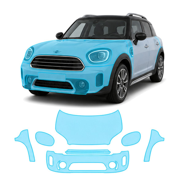 Антигравийная защитная бронепленка по лекалам для Mini Countryman F60 facelift 2020-2023 - передняя часть авто (капот бампер фары крылья)