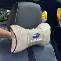 Подушка на підголівник з логотипом Subaru Екошкіра 3D Кольоровий лого Бежева-Коричневий кант 1 шт
