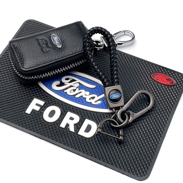 Подарунковий набір №55 для Ford / Килимок Торпеди / Брелок з карабіном / Чохол тиснений шкіра