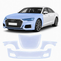 Антигравийная защитная бронепленка по лекалам для Audi A8 D5 2017-2021 - передняя часть авто (капот бампер фары крылья)