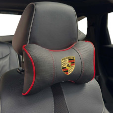 Подушка на подголовник с логотипом Porsche Экокожа 3D Цветной лого Черная-Красный кант 1 шт