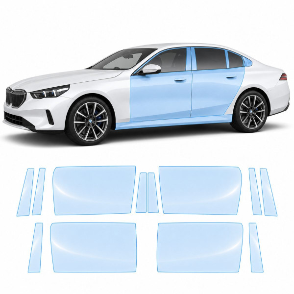 Антигравийная защитная бронепленка по лекалам для BMW i5 G60 2023- зоны дверей и стойки окон