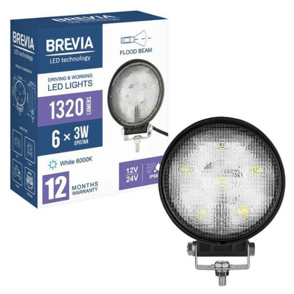 LED фара Brevia Sport Далеке світло 10-30V 18W (6x3W) 1320Lm Алюмінієвий корпус IP68 (10602QLX1)