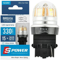 LED автолампа Brevia Spower 12/24V P27W 330Lm 15x2835SMD 6000K CANbus W2,5x16d 2 шт (10238X2)