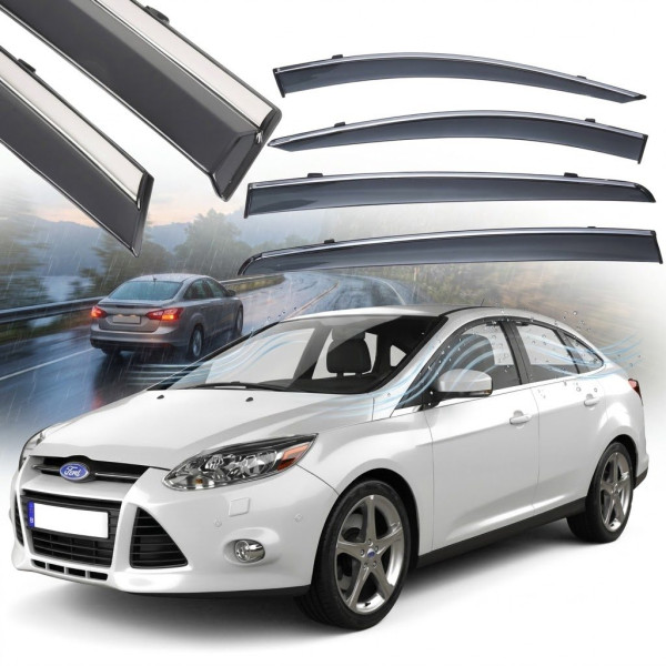 Дефлекторы окон ветровики Benke для Ford Focus III 2011-2018 Седан-Хечбек Хром Молдинг Нержавейка 3D (BFDFC1223-W/S)