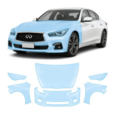 Антигравийная защитная бронепленка по лекалам для Infiniti Q50 V37 facelift 2018-2023 - передняя часть авто (капот бампер фары крылья)
