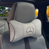 Подушка на підголівник з логотипом Mercedes-Benz Екошкіра 3D Кольоровий лого Сірі-Сірий кант 1 шт