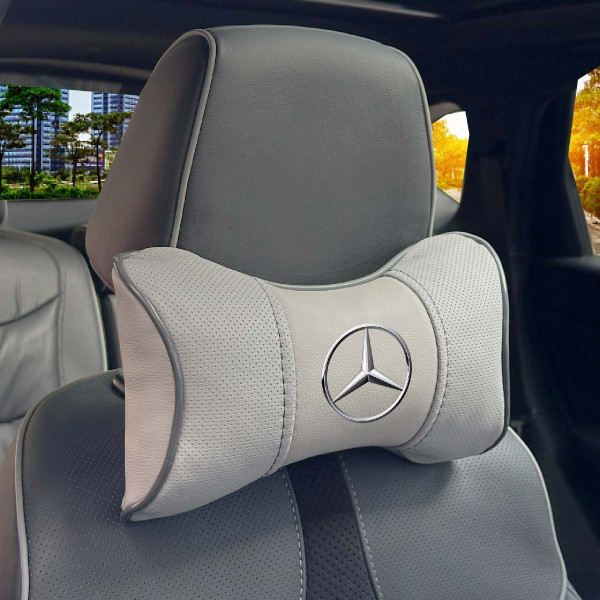 Подушка на підголівник з логотипом Mercedes-Benz Екошкіра 3D Кольоровий лого Сірі-Сірий кант 1 шт