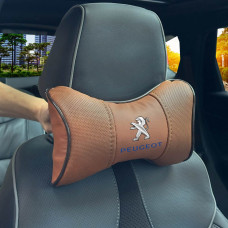 Подушка на підголівник з логотипом Peugeot Екошкіра 3D Кольоровий лого Коричневий-Коричневий кант 1 шт