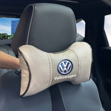 Подушка на підголівник з логотипом Volkswagen Екошкіра 3D Кольоровий лого Бежева-Коричневий кант 1 шт