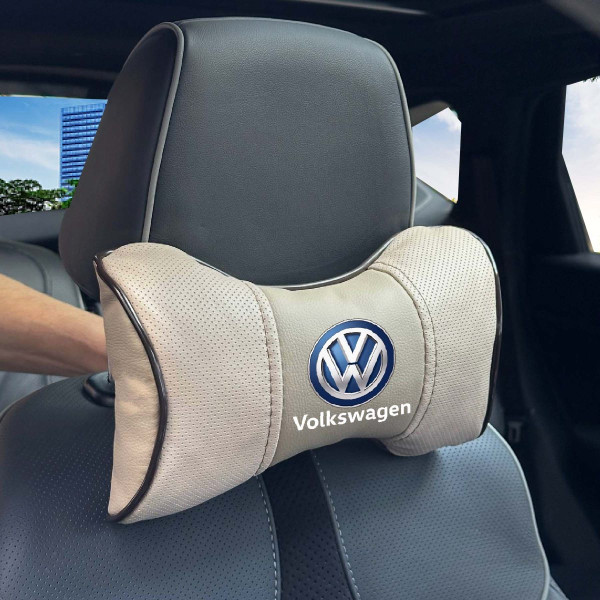 Подушка на підголівник з логотипом Volkswagen Екошкіра 3D Кольоровий лого Бежева-Коричневий кант 1 шт