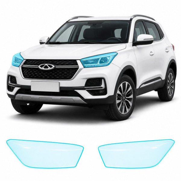 Антигравийная защитная бронепленка по лекалам для Chery Tiggo 3 II facelift 2020- оптика (фары и ПТФ)