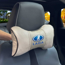 Подушка на підголівник з логотипом Lada Екошкіра 3D Кольоровий лого Бежева-Коричневий кант 1 шт