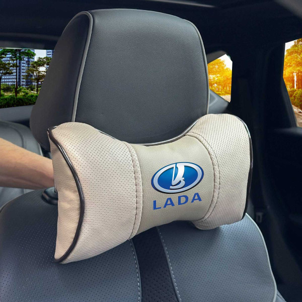 Подушка на підголівник з логотипом Lada Екошкіра 3D Кольоровий лого Бежева-Коричневий кант 1 шт