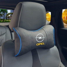Подушка на підголівник з логотипом Opel Екошкіра 3D Кольоровий лого Чорна-Синій кант 1 шт