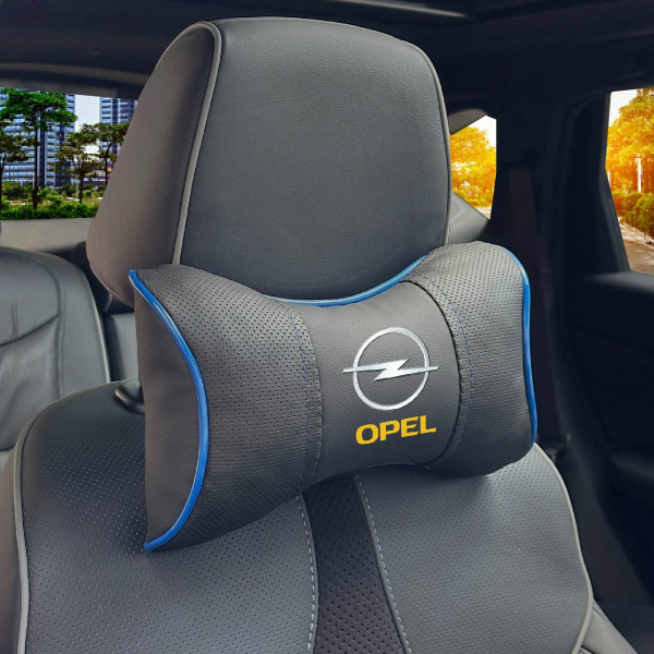 Подушка на підголівник з логотипом Opel Екошкіра 3D Кольоровий лого Чорна-Синій кант 1 шт