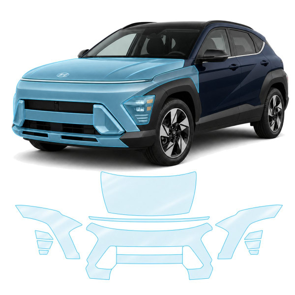 Антигравийная защитная бронепленка по лекалам для Hyundai Kona SX2 2023- передняя часть авто (капот бампер фары крылья)