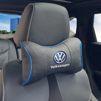 Подушка на підголівник з логотипом Volkswagen Екошкіра 3D Кольоровий лого Чорна-Синій кант 1 шт