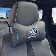 Подушка на підголівник з логотипом Volkswagen Екошкіра 3D Кольоровий лого Чорна-Синій кант 1 шт