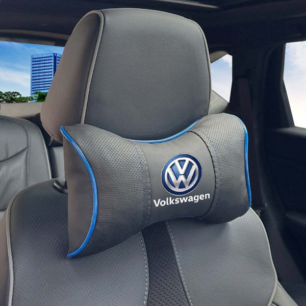 Подушка на підголівник з логотипом Volkswagen Екошкіра 3D Кольоровий лого Чорна-Синій кант 1 шт
