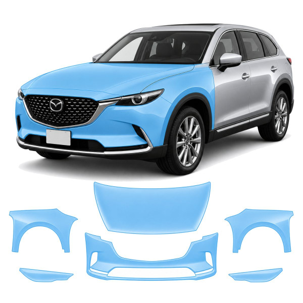 Антигравийная защитная бронепленка по лекалам для Mazda CX-9 TC facelift 2020-2023 - передняя часть авто (капот бампер фары крылья)