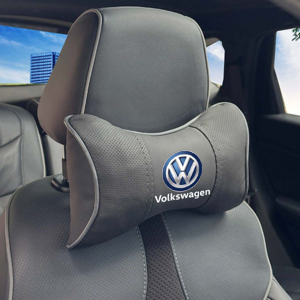 Подушка на підголівник з логотипом Volkswagen Екошкіра 3D Кольоровий лого Чорна-Сірий кант 1 шт