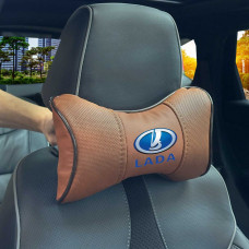 Подушка на підголівник з логотипом Lada Екошкіра 3D Кольоровий лого Коричневий-Коричневий кант 1 шт