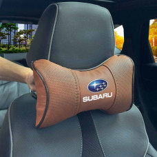 Подушка на підголівник з логотипом Subaru Екошкіра 3D Кольоровий лого Коричневий-Коричневий кант 1 шт