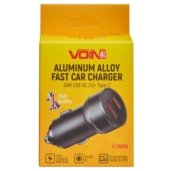 Автомобільний зарядний пристрій VOIN 30W, 1USB 10W + 1PD 27W, 12/24V (C-36206)
