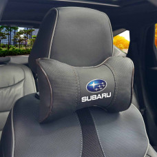 Подушка на підголівник з логотипом Subaru Екошкіра 3D Кольоровий лого Чорна-Коричневий кант 1 шт